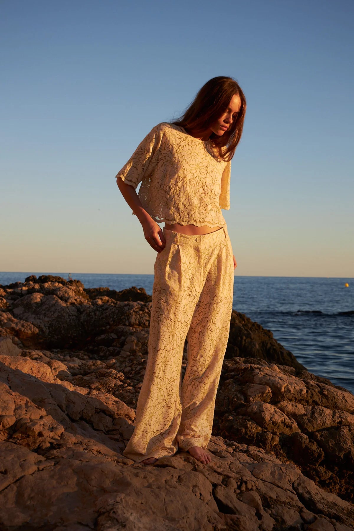 STELLA NOVA - DELICATE LACE FLARED PANT - VANILLA/TEA GREEN FLOWER