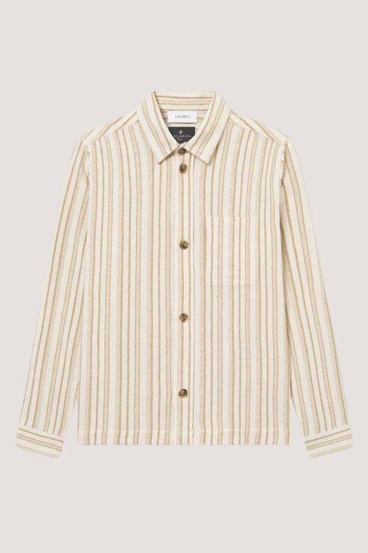LES DEUX - SHANE STRIPE COTTON OVERSHIRT - IVORY/LINCHEN GREEN