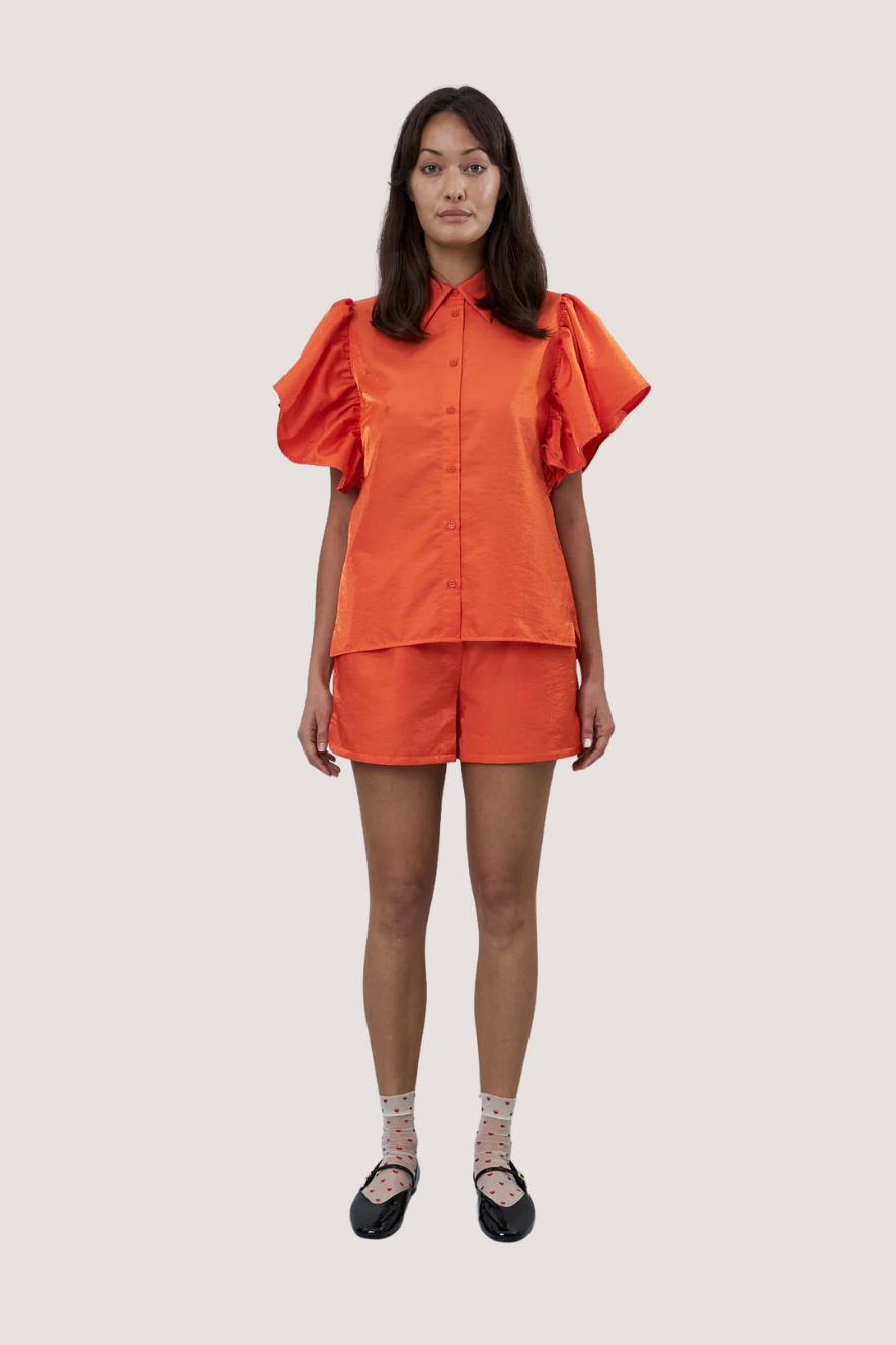 STELLA NOVA - SHINY SLEEVE FRILL TOP - ORANGE RED