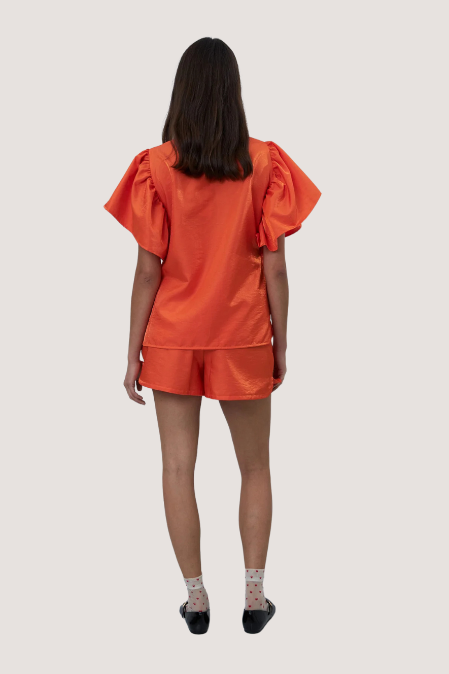 STELLA NOVA - SHINY SLEEVE FRILL TOP - ORANGE RED