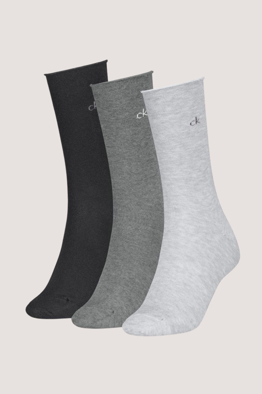 CALVIN KLEIN - WOMEN SOCK 3P ROLLTOP - WHITE/LIGHT GREY MELANGE/BLACK