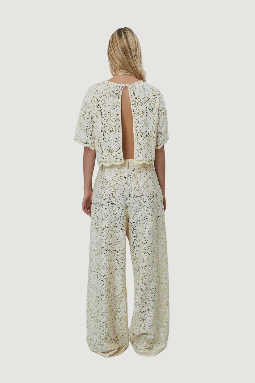 STELLA NOVA - DELICATE LACE FLARED PANT - VANILLA/TEA GREEN FLOWER