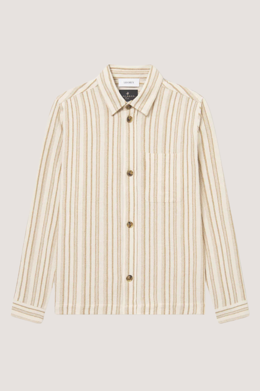 LES DEUX - SHANE STRIPE COTTON OVERSHIRT - IVORY/LINCHEN GREEN