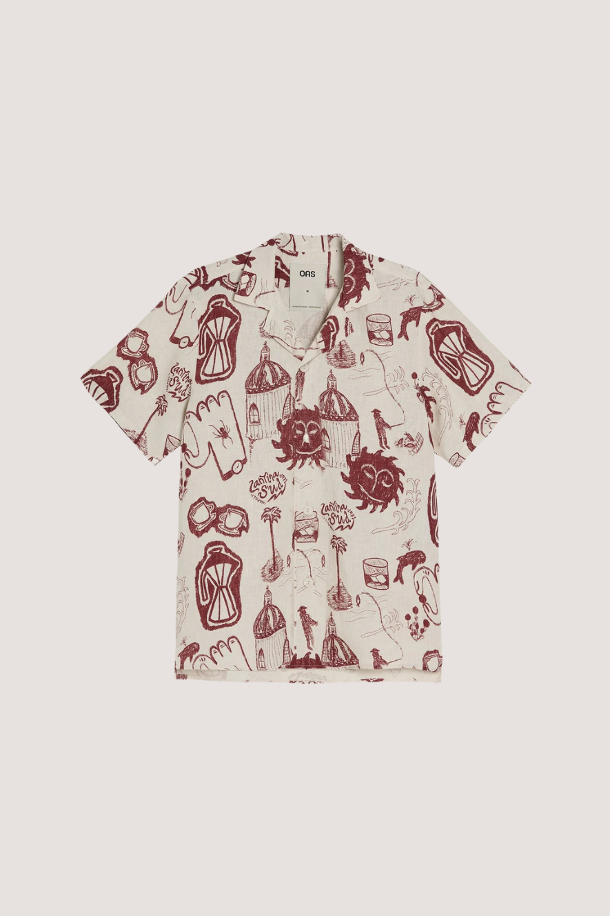 OAS COMPANY - CANTINA CUBA LINEN SHIRT - IVORY/WINE RED