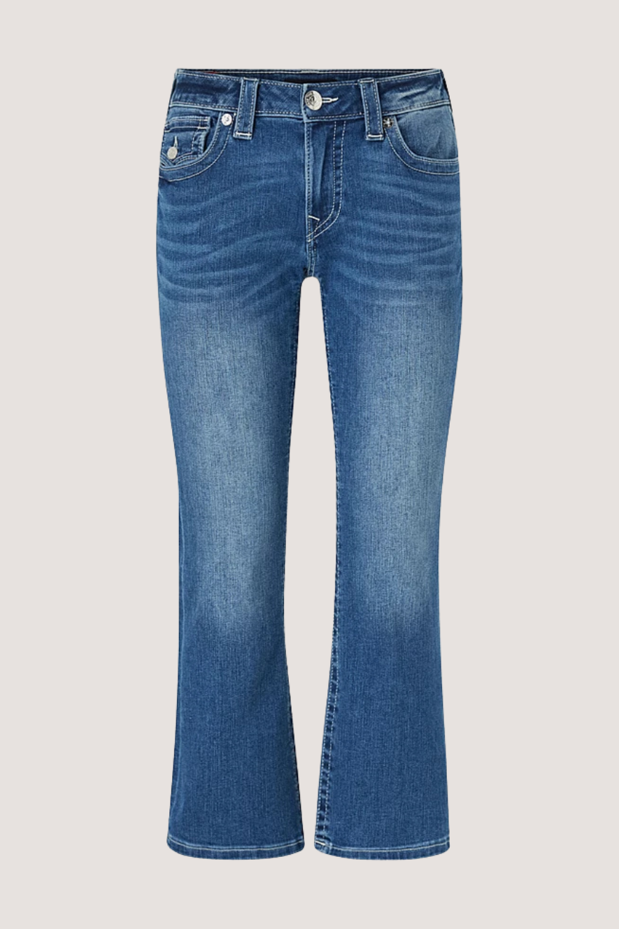 TRUE RELIGION - MID RISE KICK FLARE FLAP - MID WASH