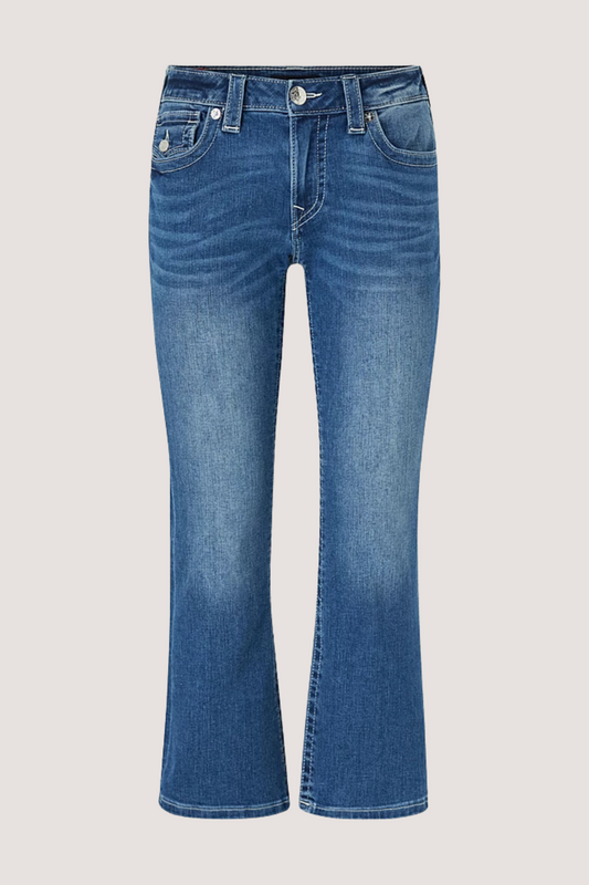 TRUE RELIGION - MID RISE KICK FLARE FLAP - MID WASH