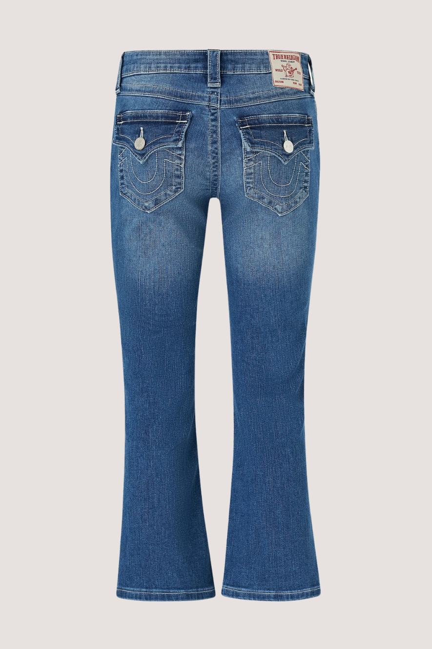TRUE RELIGION - MID RISE KICK FLARE FLAP - MID WASH